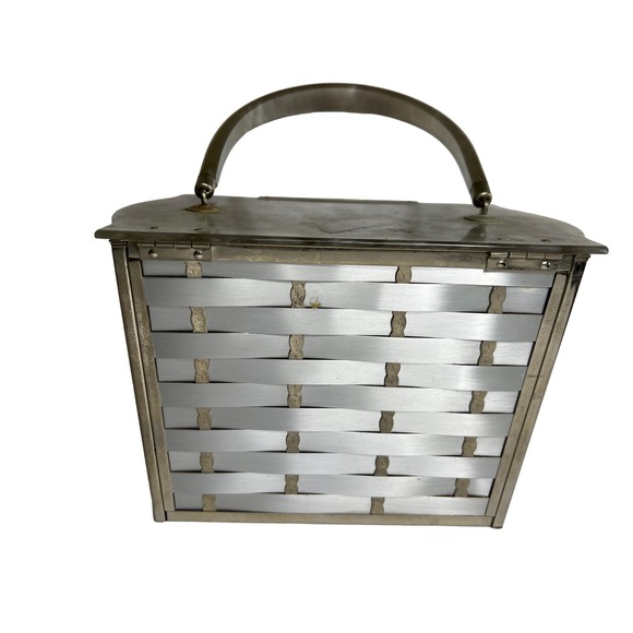Vintage Majestic Handbag Lucite Handle Chrome Box Metal Weave Design - Picture 4 of 13